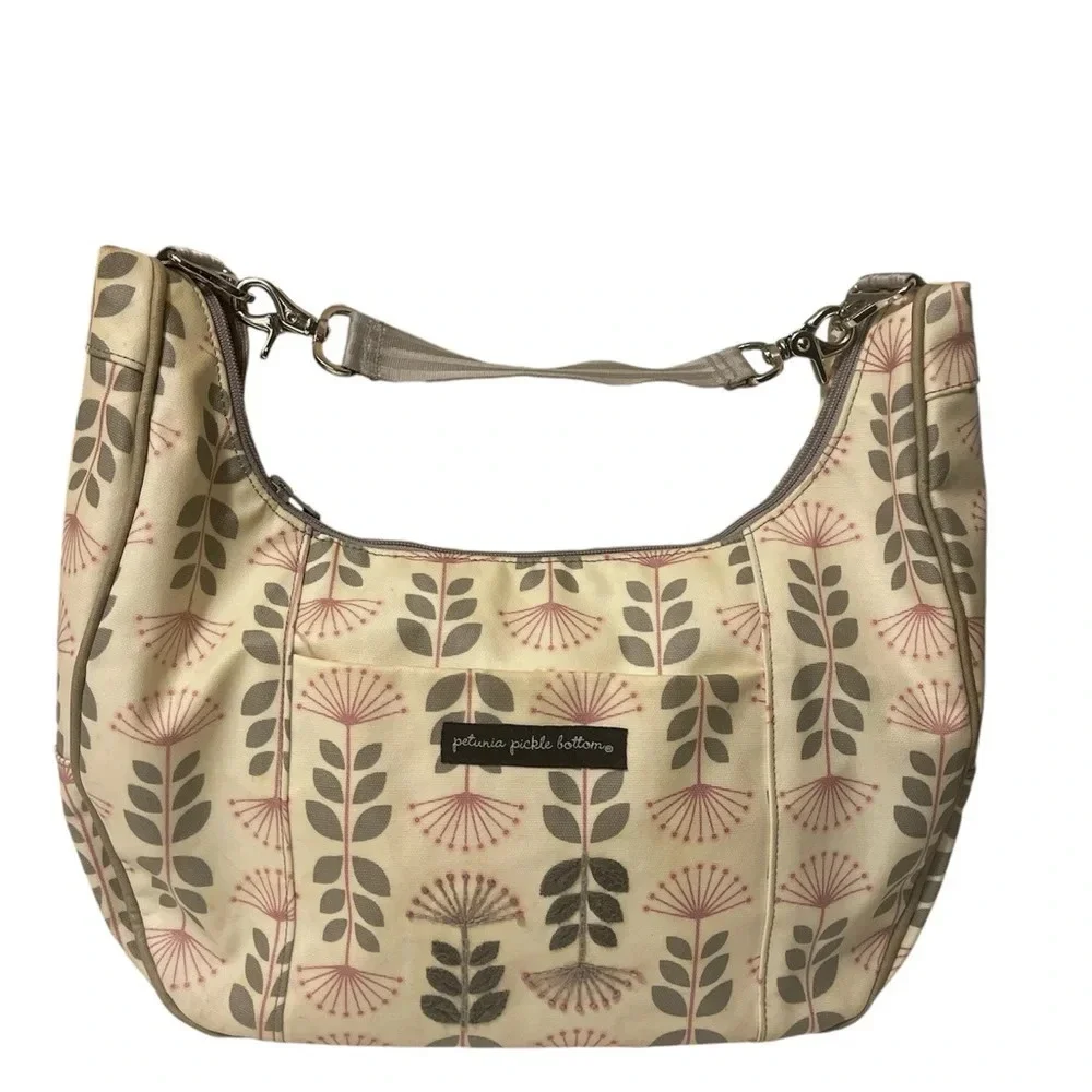 PETUNIA PICKLE BOTTOM Shoulder Diaper Bag Green & cream Floral Big